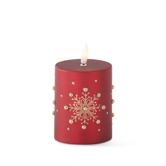 Gold Snowflake Red Pillar Candle w/LED Flame & Timer