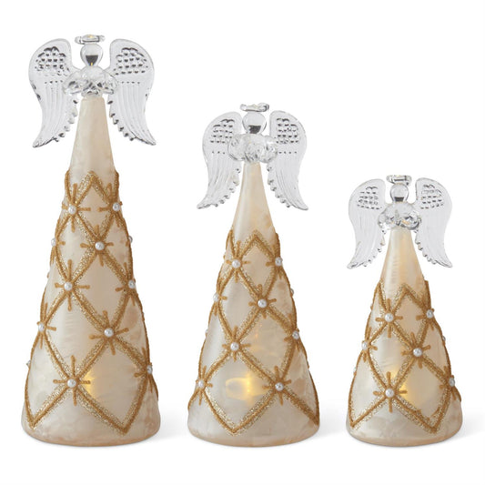 Glass LED Cone-shaped Angel w/Gold & Pearl Trim Large