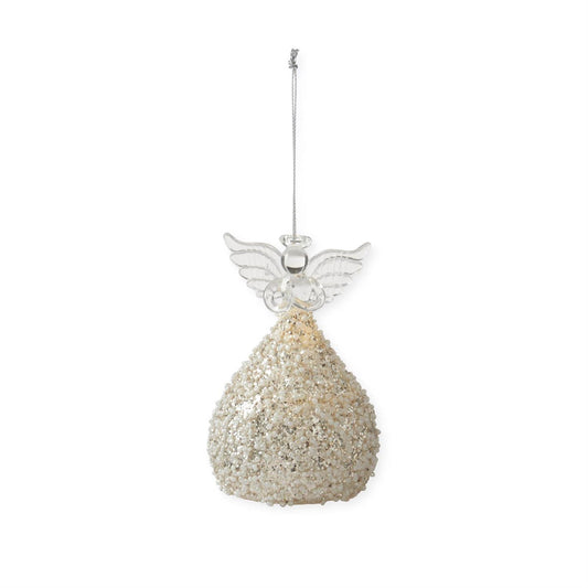 Gold Glitter & White Seed Bead LED Angel Ornament w/Timer Small