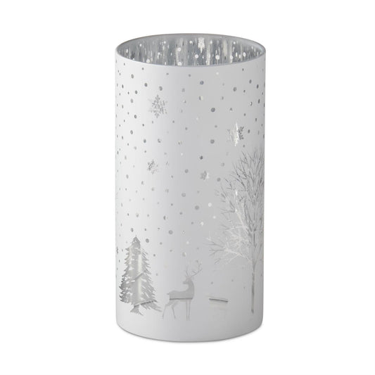 White Glass Engraved Winter Scene Candle Slip Cover