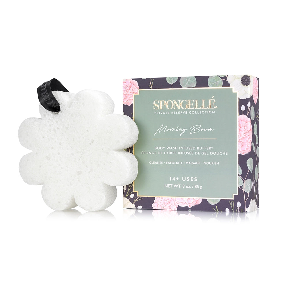 Spongelle buffer sponge white with box and the words morning bloom