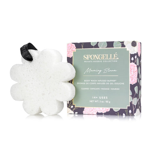 Spongelle buffer sponge white with box and the words morning bloom