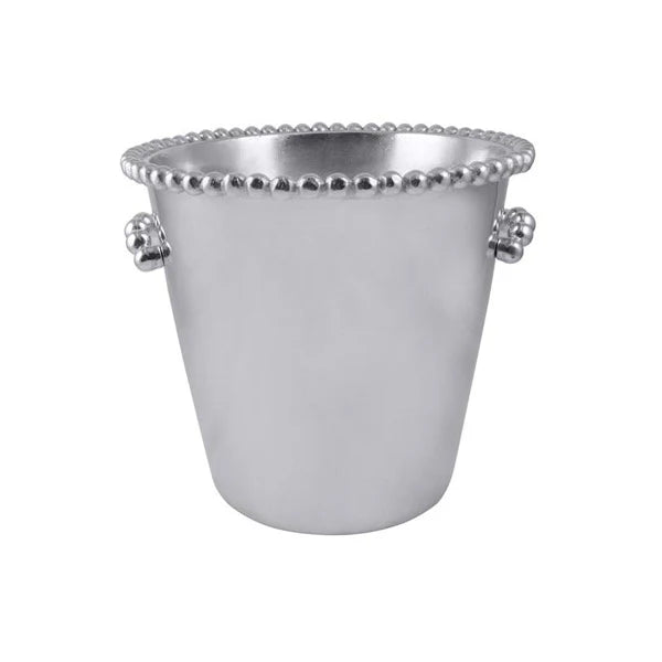 Silver ice bucket with beaded rim on a white background