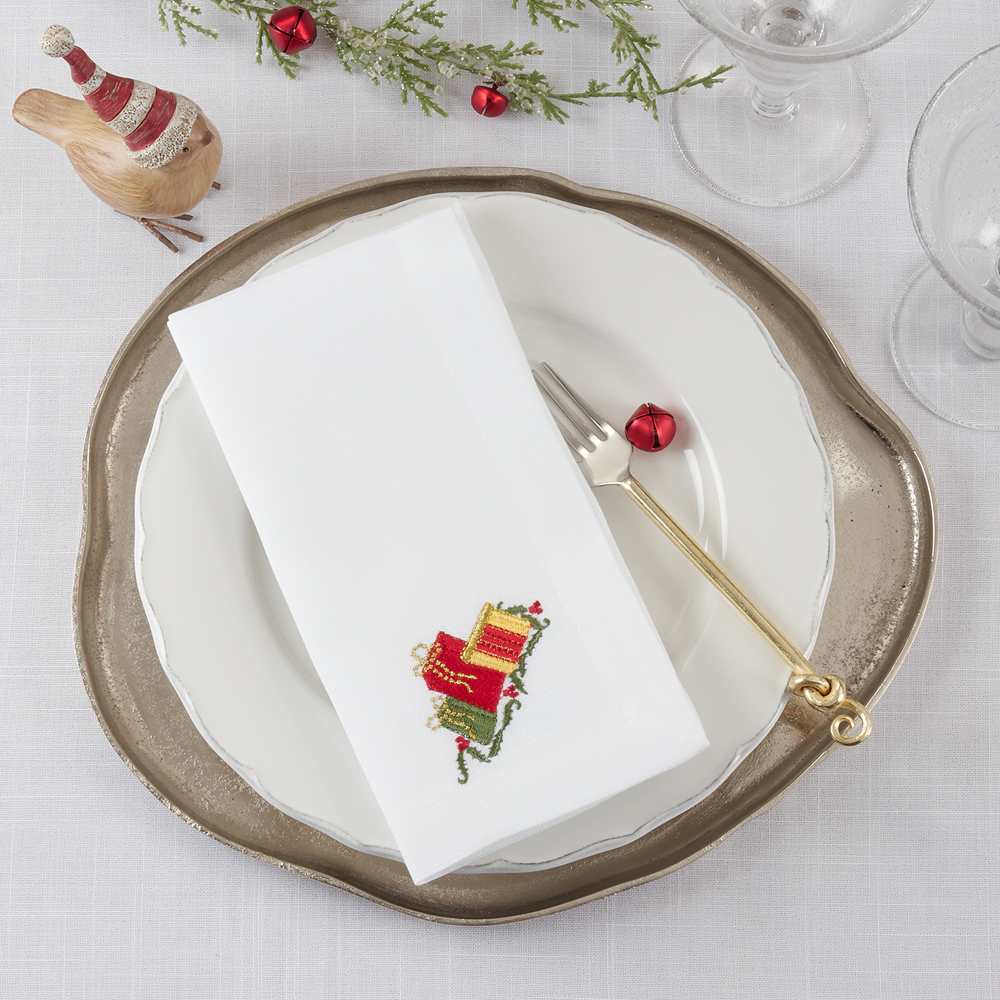 Saro White Embroidered Gifts Napkin
