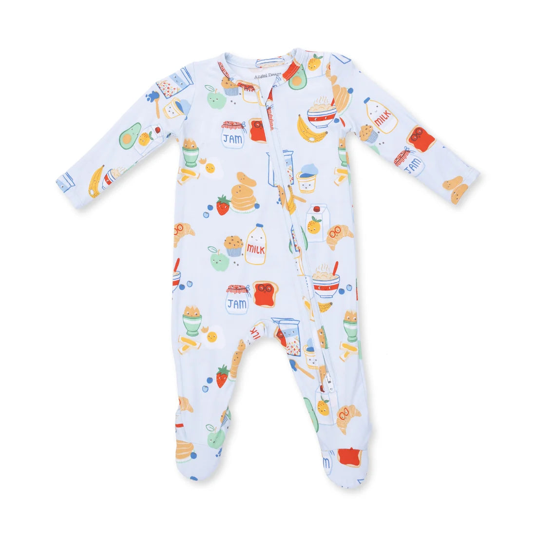Angel dear blue breakfast club zipper footie Baby onesie with cartoon character print on a white background