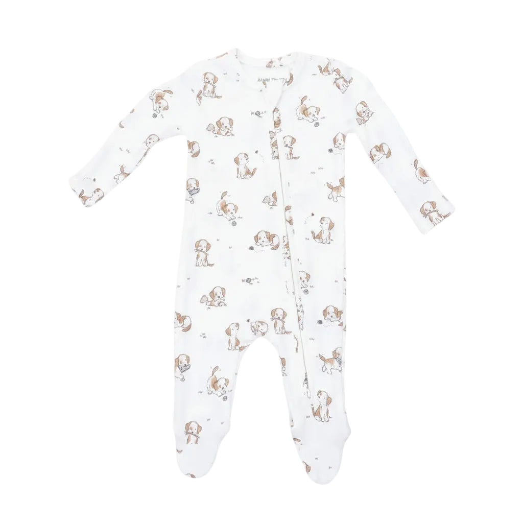 Angel dear explorer puppy blue white long-sleeve baby footed sleeper with an all-over print of brown and tan dog illustrations, shown flat on a white background.