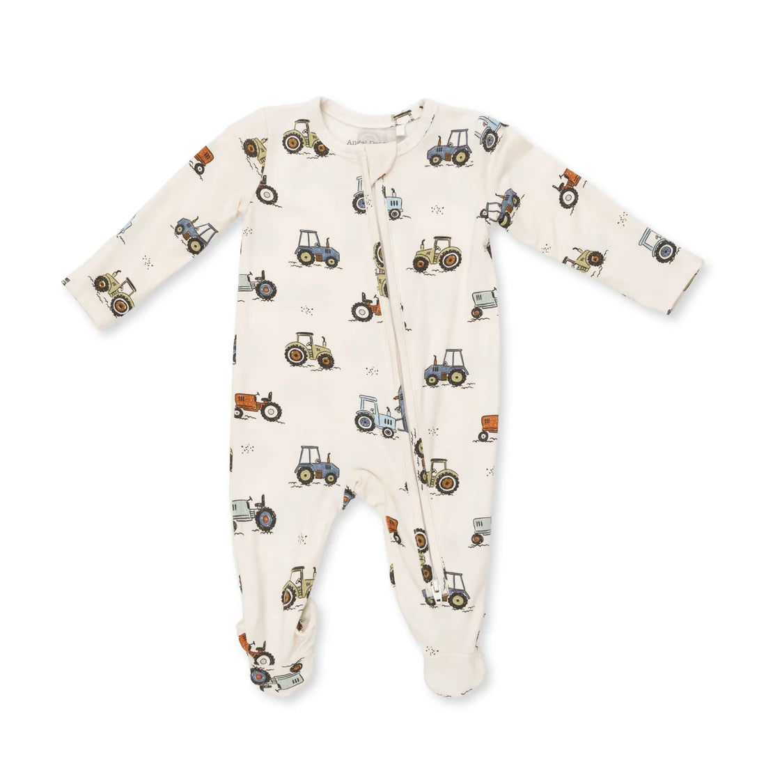 Angel dear future farmer zipper footie baby long-sleeve footed sleeper in cream with an all-over tractor print, shown flat on a white background.