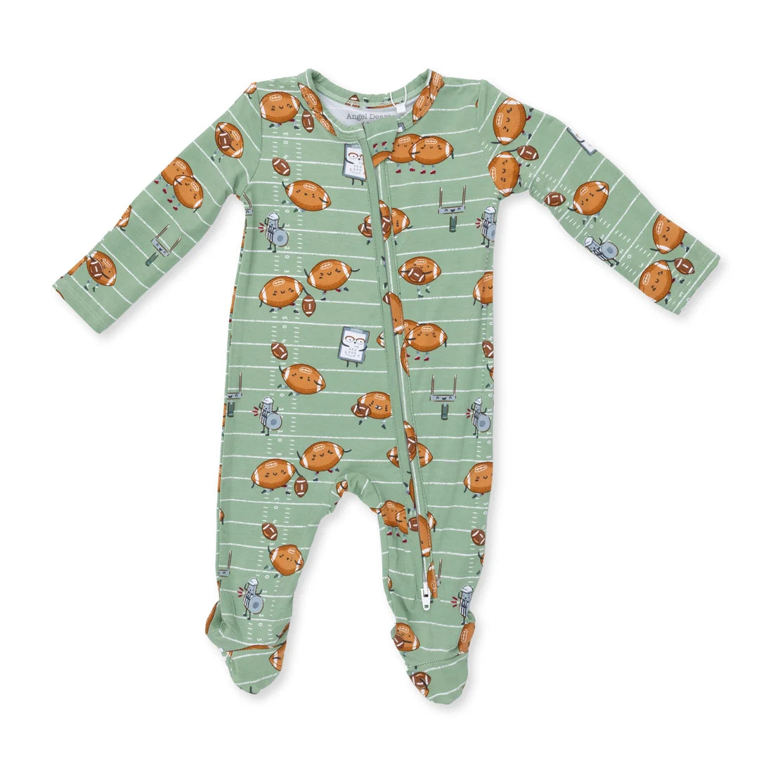 Angel dear footballs playing football Green baby zipper footie onesie with footballs playing football pattern on a white background