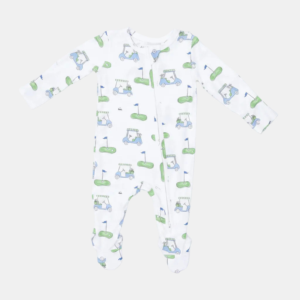 Angel dear golf cart blue
 white long-sleeve baby footed sleeper with an all-over golf cart print in light blue and green, laid flat on a white background.