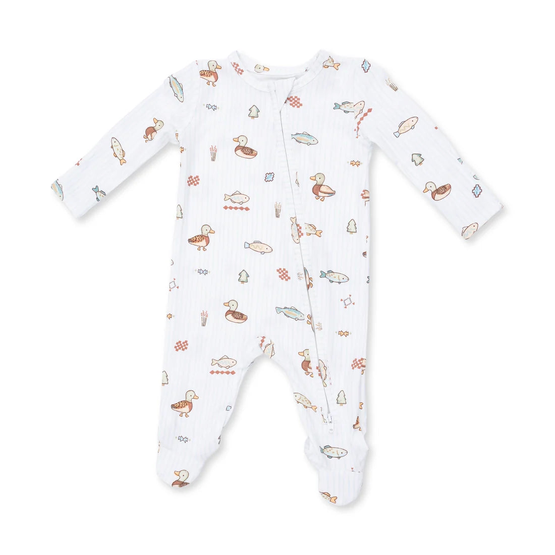 Angel dear lake cuties zipper footie Baby onesie with animal pattern on a white background