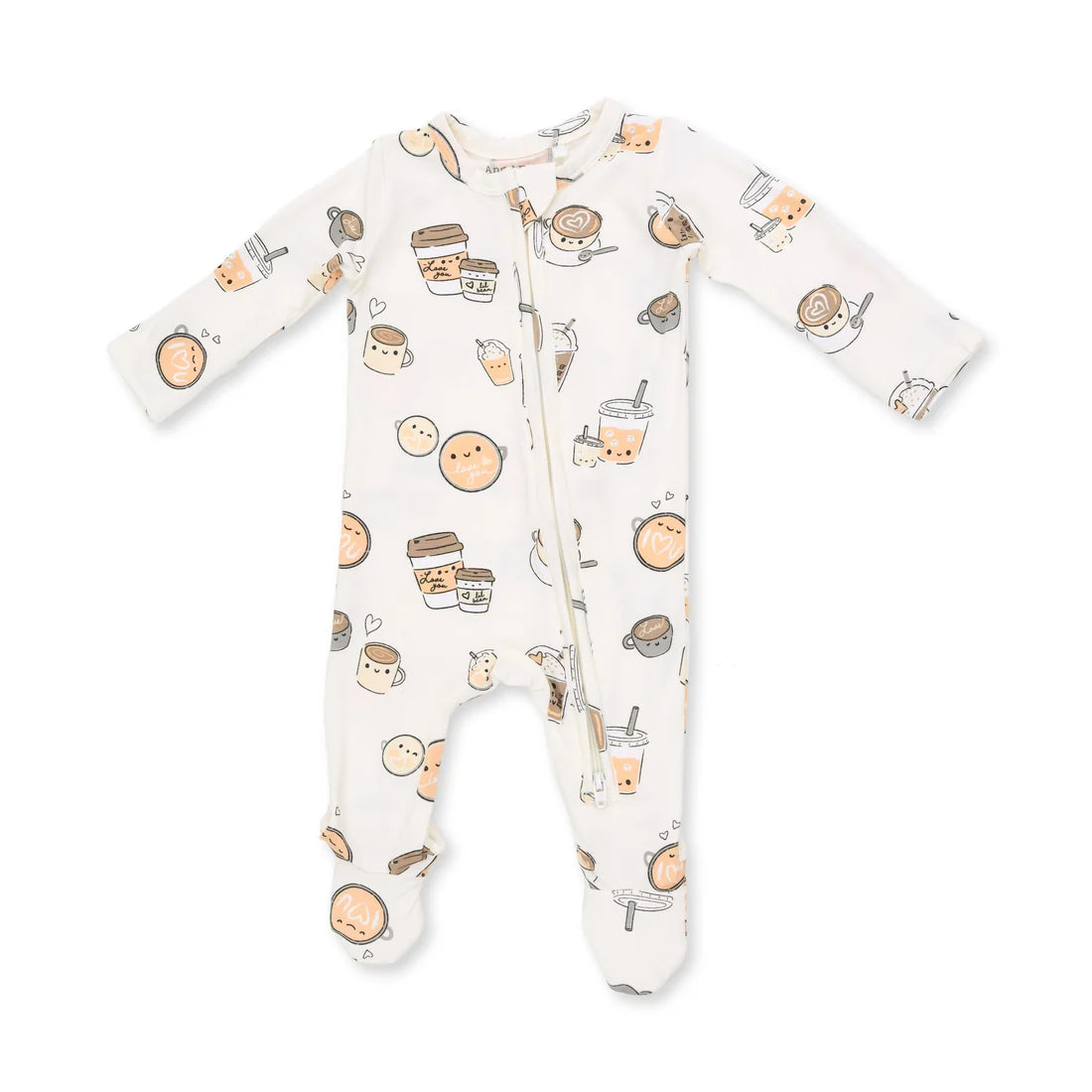 Angel dear I love you a latte footie zipper baby footed one-piece sleeper with long sleeves and a front zipper, featuring an all-over cute cartoon coffee cup and pastry print on an off-white background.