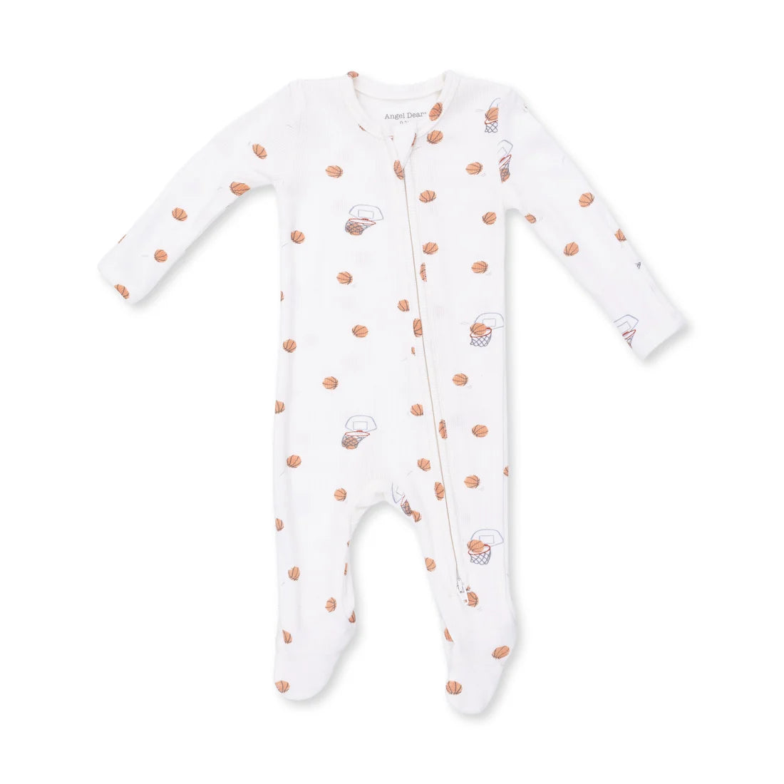 Angel dear mini basketballs zipper footie White baby onesie with orange polka dots on a white background