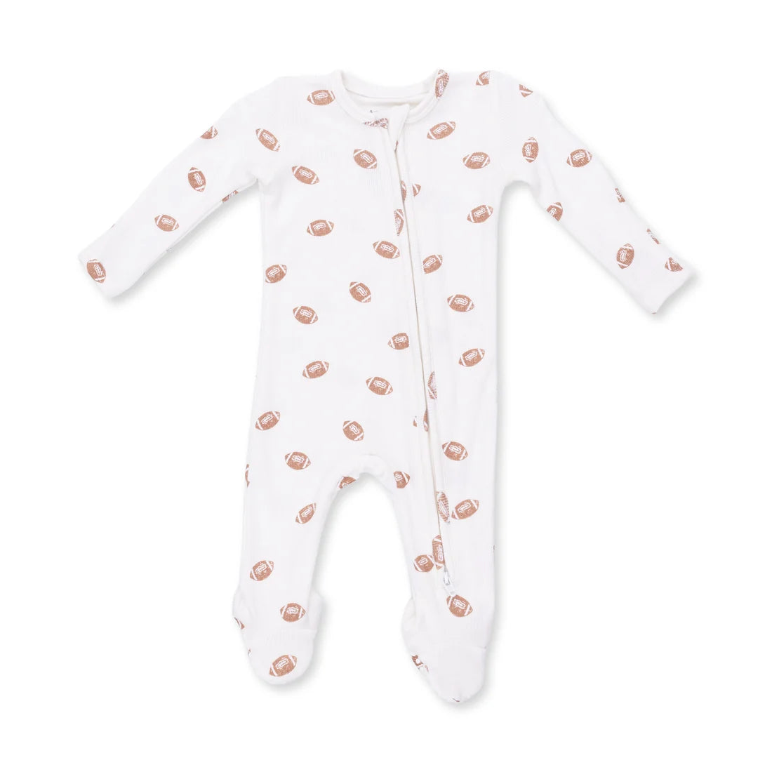 Angel dear mini footballs footie zipper white long-sleeve baby footed sleeper with an all-over brown football print, featuring a front zipper closure.