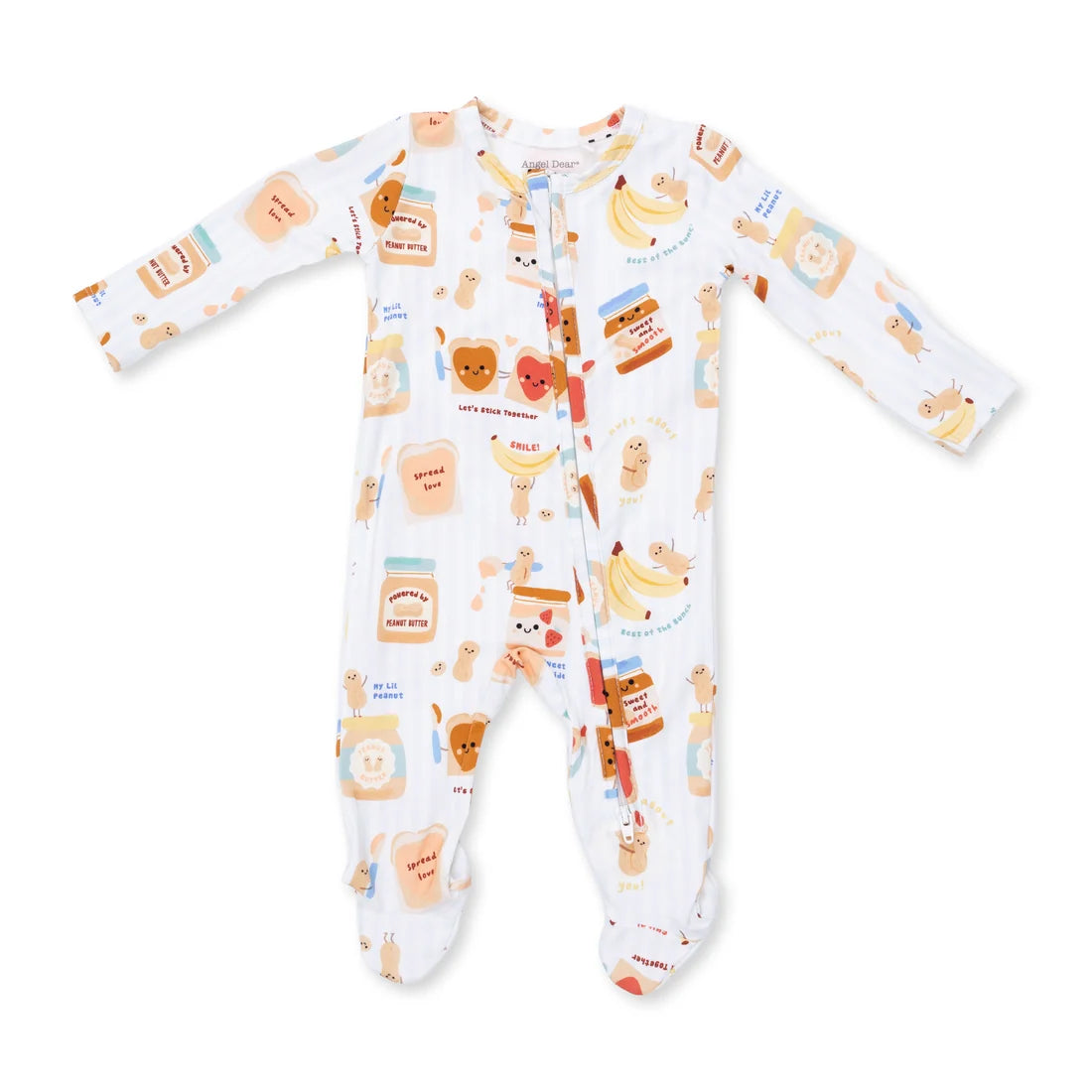 Angel dear spread the love zipper baby footed sleeper with long sleeves and an all-over print of cartoon food items like bananas, toast, peanut butter jars, and a teddy bear, shown on a plain white background.