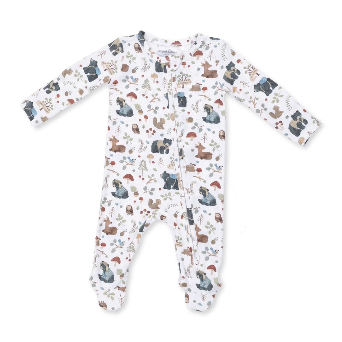 Angel dear southern woodland animals green zipper footie Baby onesie with animal pattern on a white background