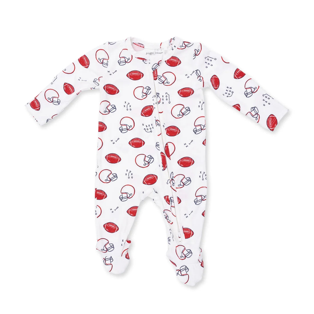 Angel dear touchdown time zipper footie baby long-sleeve footed sleeper in white, featuring an all-over print of red footballs and helmets with small gray lightning bolts, shown flat on a white background.