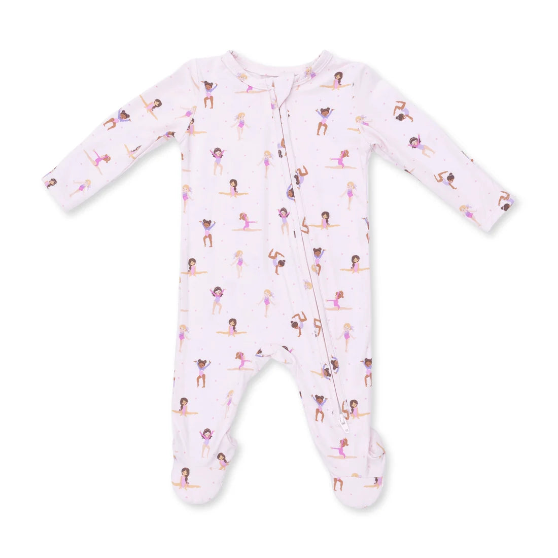 Angel dear tiny tumblers zipper footie baby footed sleeper in light pink with an all-over print of cartoon gymnasts, shown flat on a white background.