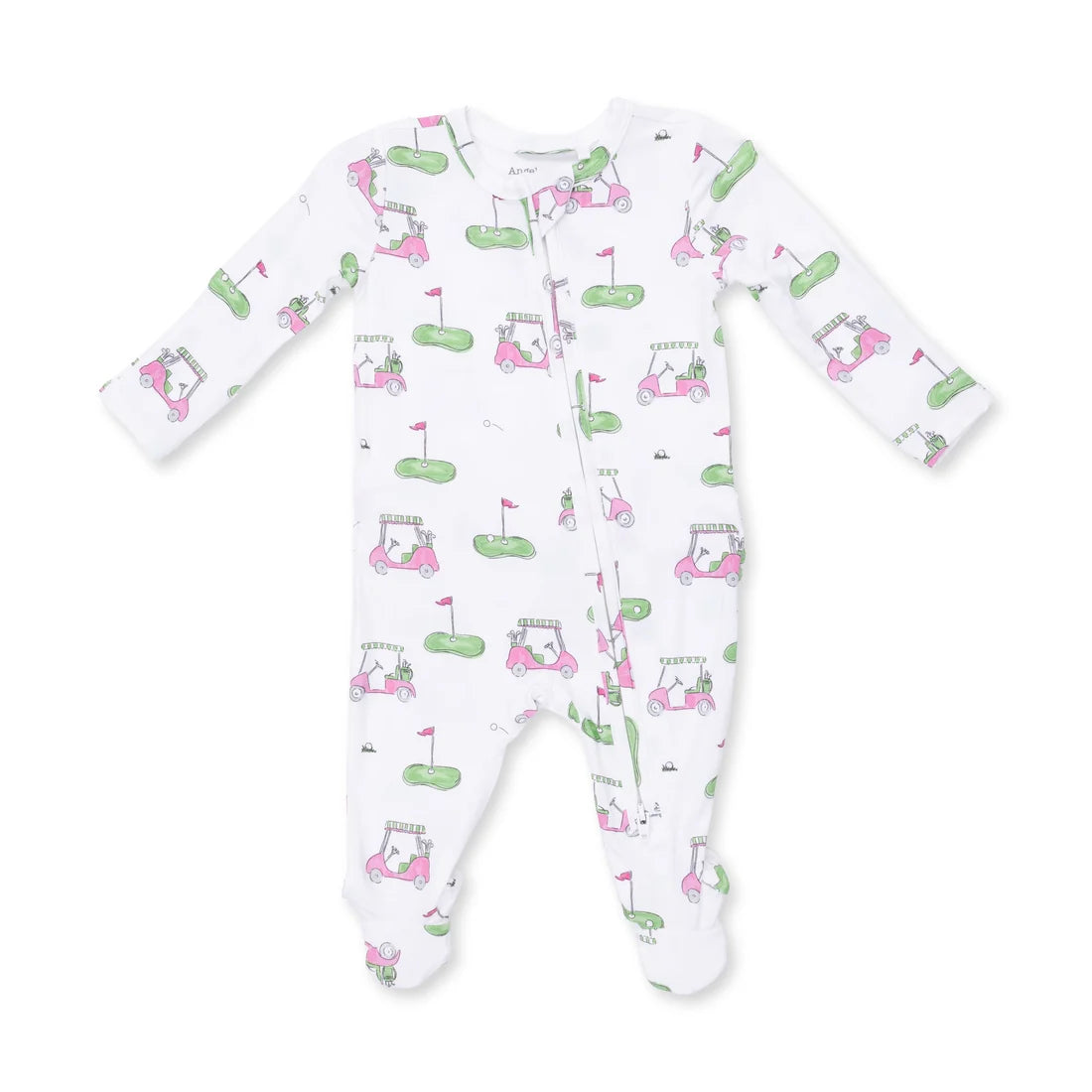 Angel dear pink golf carts zipper footie white long-sleeve footed sleeper with an all-over golf course print featuring pink and green golf carts, flags, and greens, displayed flat against a white background.