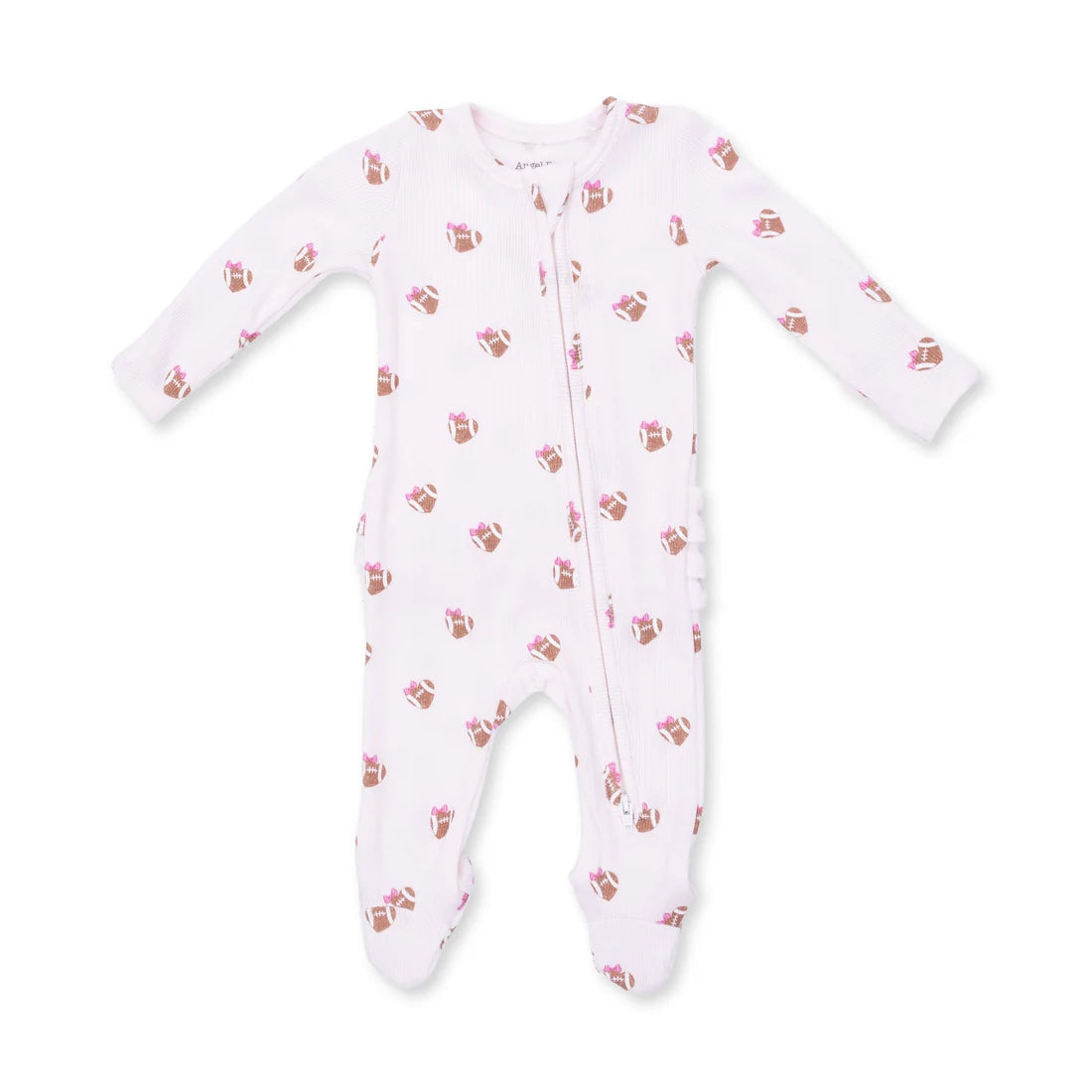 Angel dear mini hearts football zipper footie baby long-sleeve footed sleeper in white with a repeating pattern of brown footballs and pink bows, displayed on a clean white background.