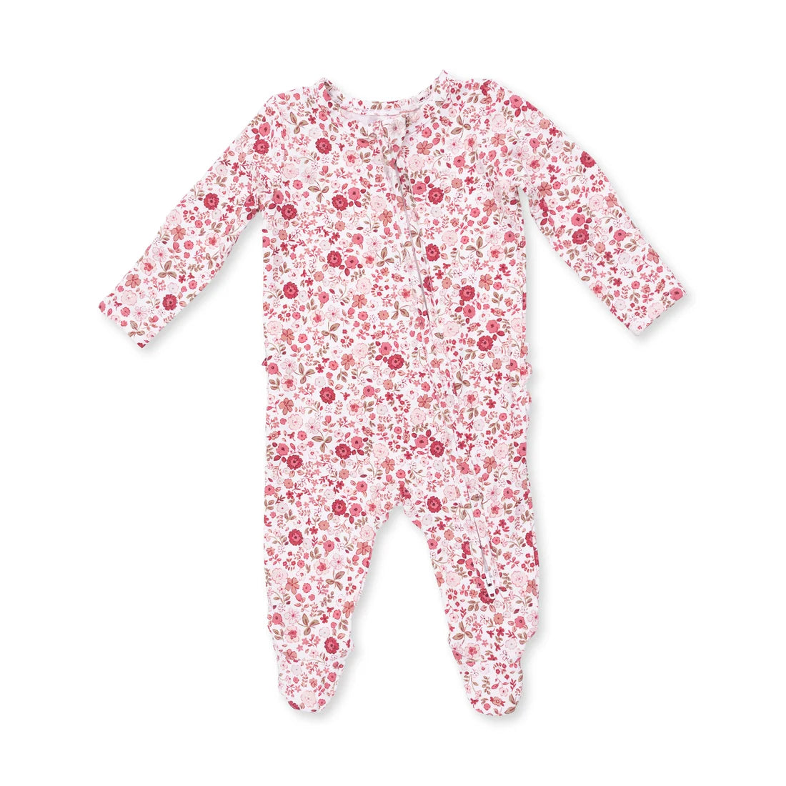 A baby long-sleeve footed sleeper with an all-over pink and red floral print on a white background, laid flat on a white studio background.