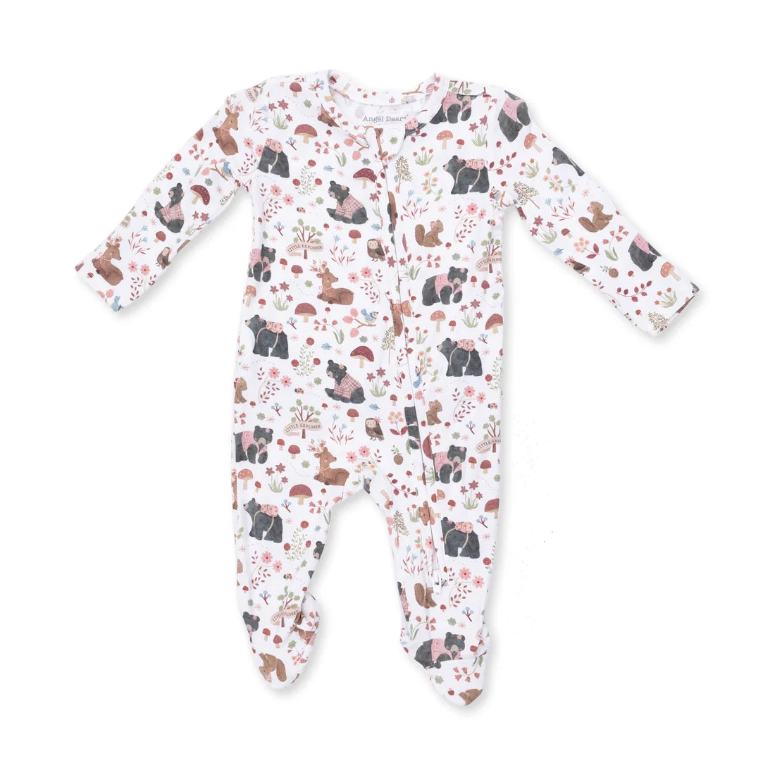 Angel Baby Southern woodland animals pink ruffle back zipper Baby onesie with animal pattern on a white background