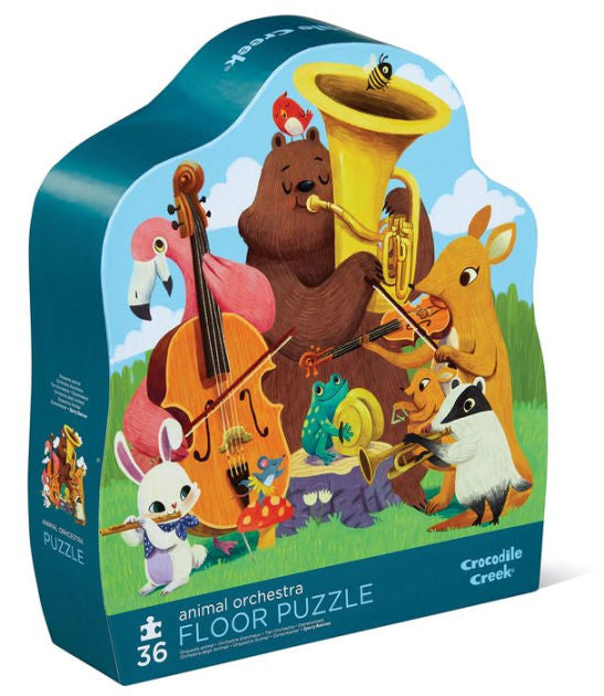 Packaging of a 36-piece floor jigsaw puzzle featuring an illustration of various animal characters playing musical instruments.