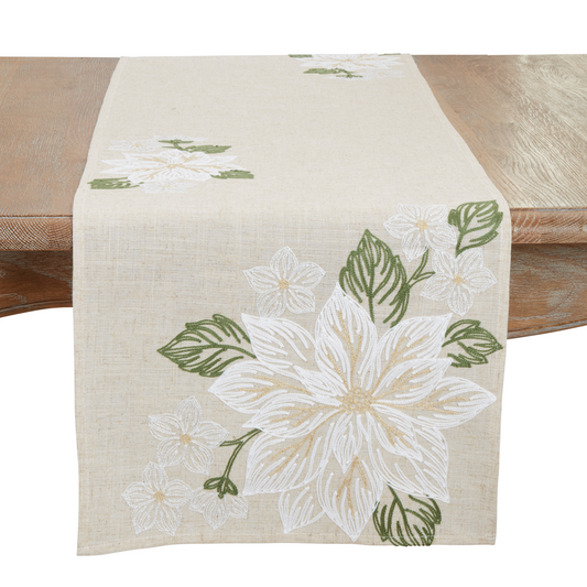 Saro Natural Embroidered Poinsettia Runner