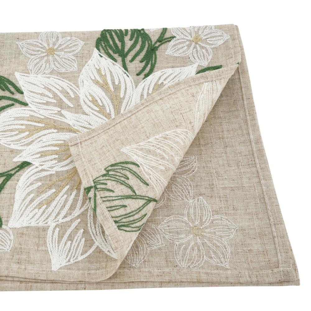 Saro Natural Embroidered Poinsettia Runner