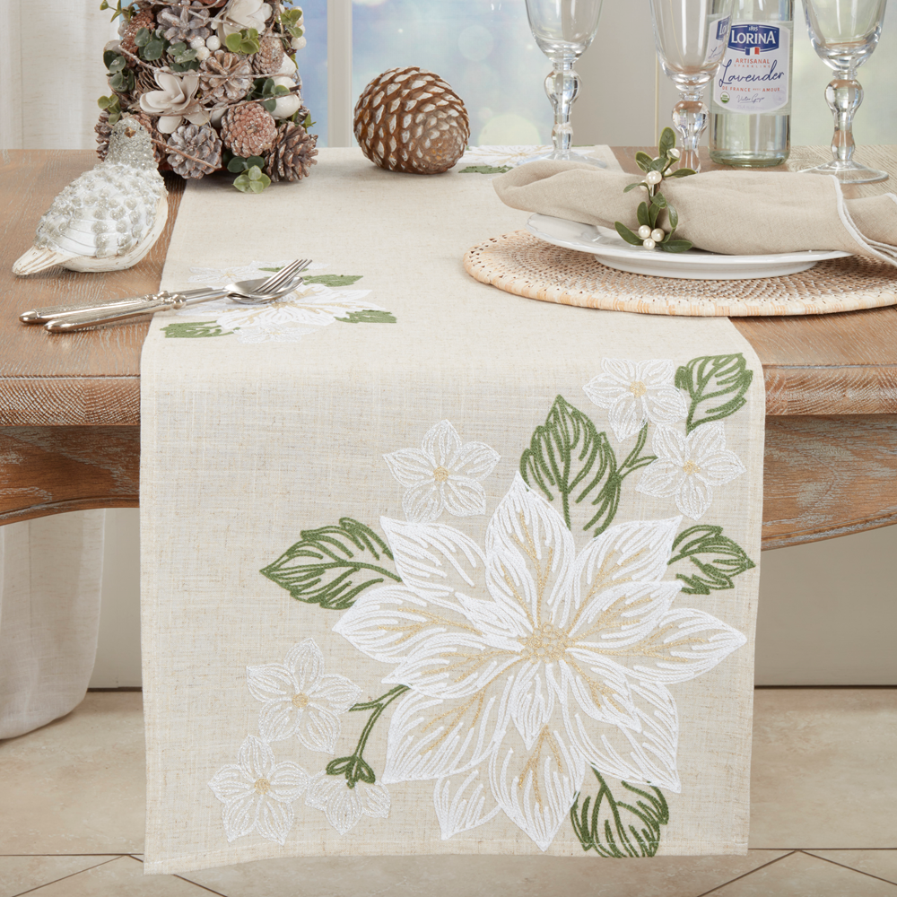 Saro Natural Embroidered Poinsettia Runner