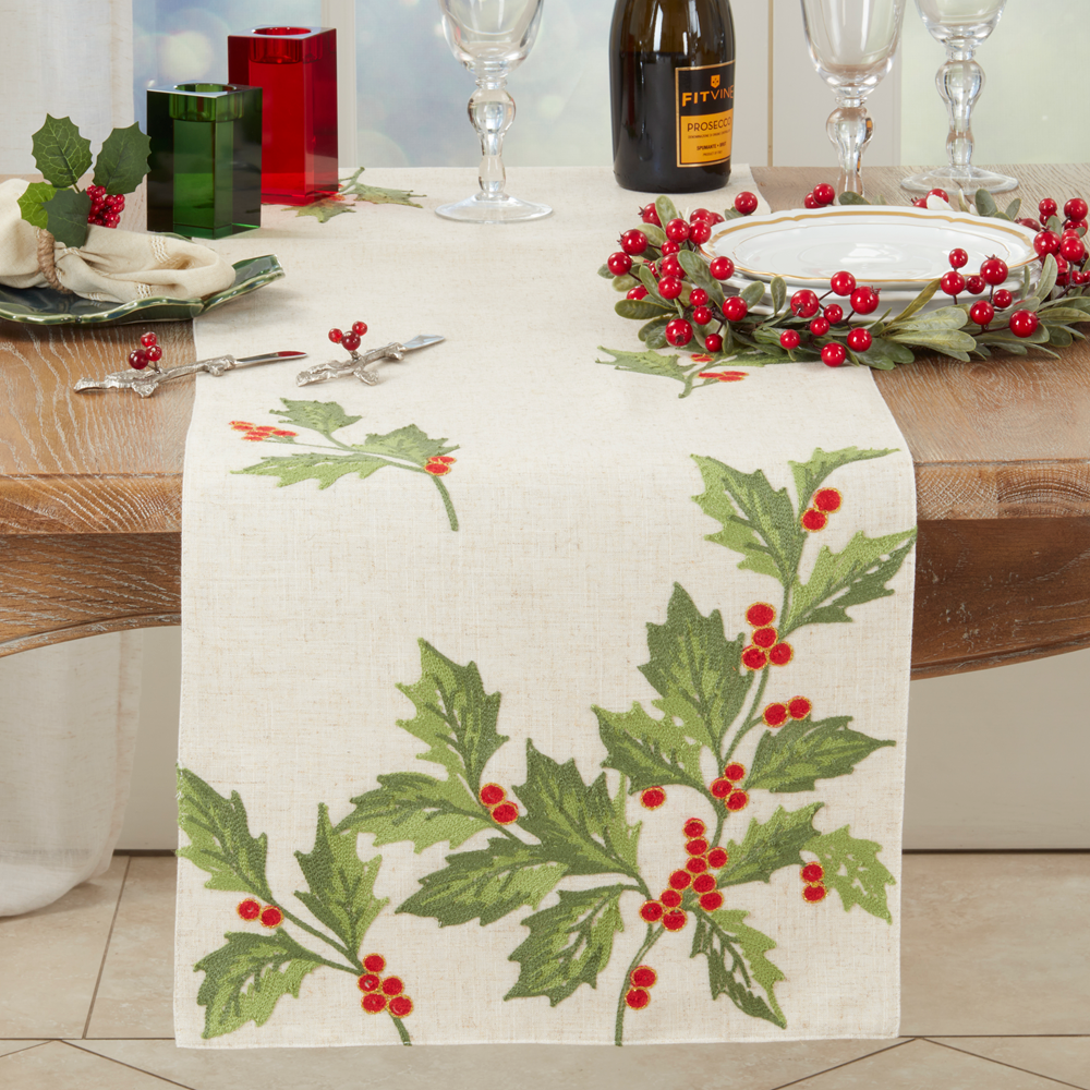Saro Natural Holly Leaves Runner