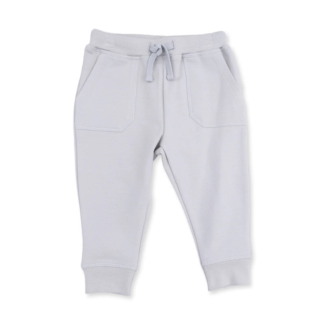 Angel dear joggers Light gray sweatpants for toddlers, featuring an elastic waistband with a matching drawstring, side pockets, and ribbed ankle cuffs, shown against a plain white background.
