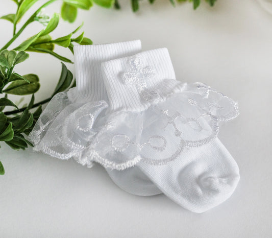 White Lace Baby Socks with Cross