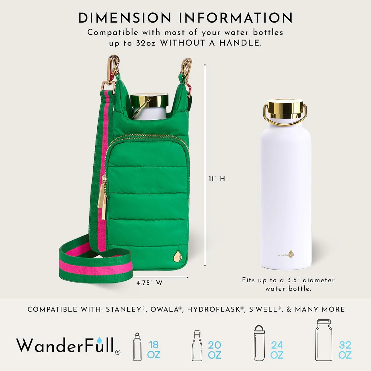 Green water bottle holder with dimensions and compatibility information on a white background