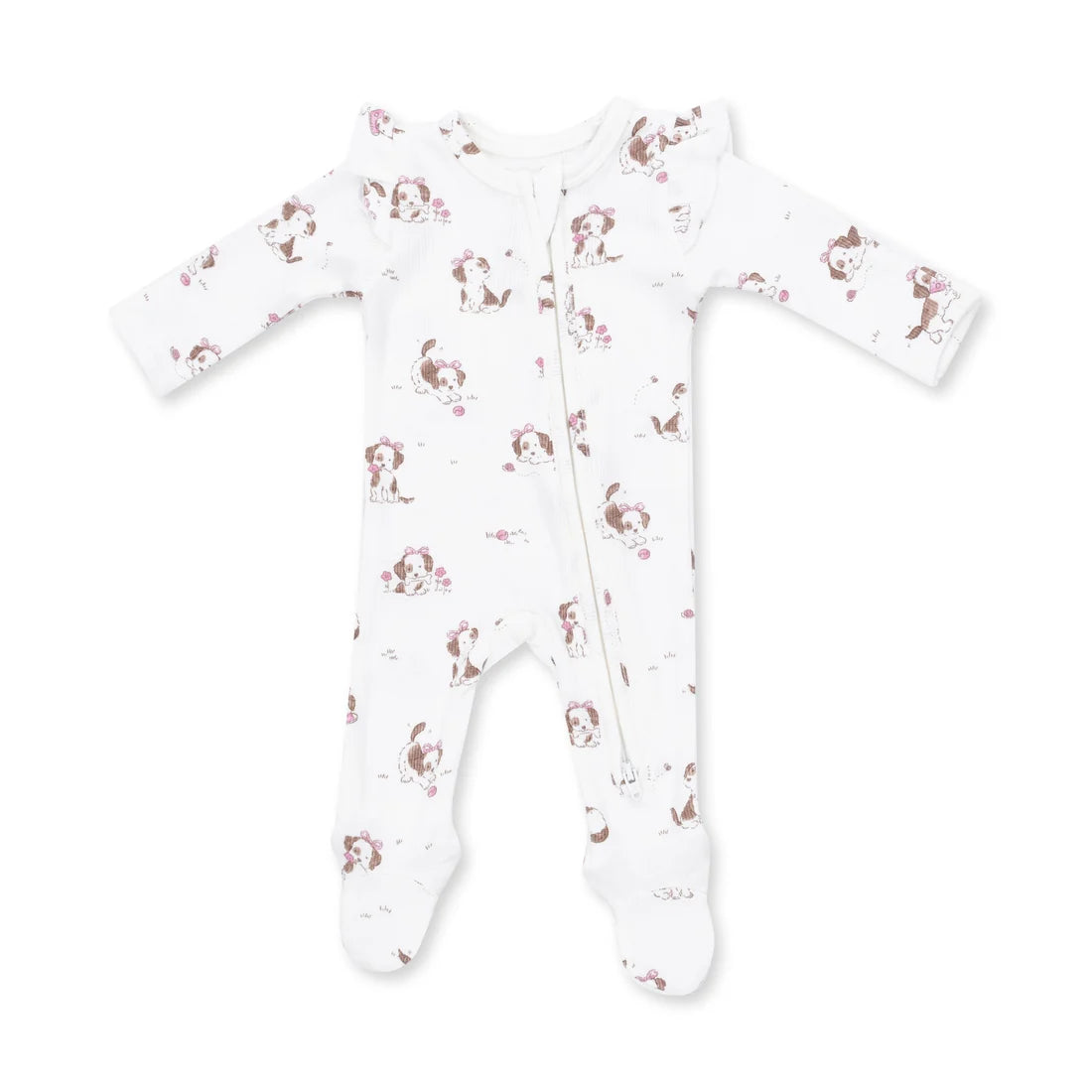 Angel dear pink explorer puppy ruffle back zipper footie white long-sleeve footed sleeper with a front zipper and an all-over print of brown and pink cartoon dogs, shown on a plain white background.