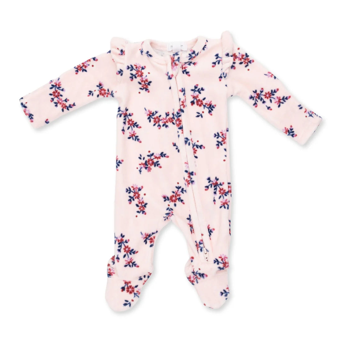 Angel dear nora floral velour ruffle zipper footie baby footed sleeper in light pink with a red and navy blue floral pattern, laid flat on a white background.