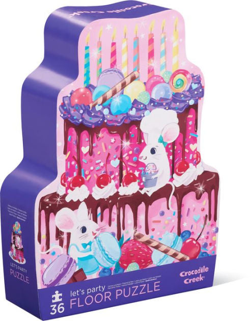A 36-piece floor puzzle with a colorful cake design on the packaging, labeled as 'Let's Party' by Crocodile Creek.
