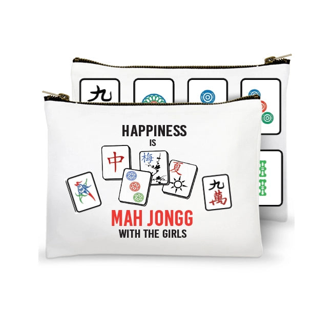 White pouch with Mahjong-themed design and text 'happiness is Mahjong with the girls'