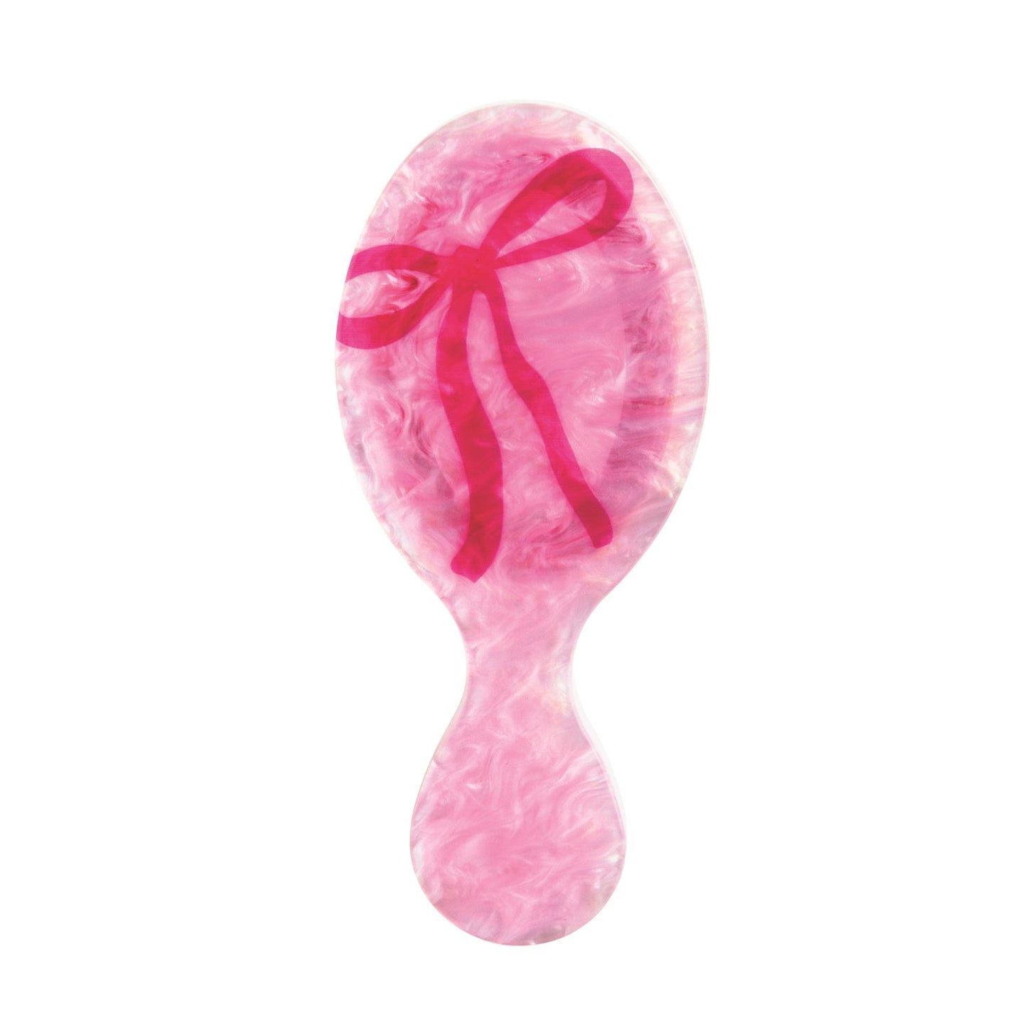 Mini Pink pearl Mudpie Hairbrush with a dark pink bow on a white background