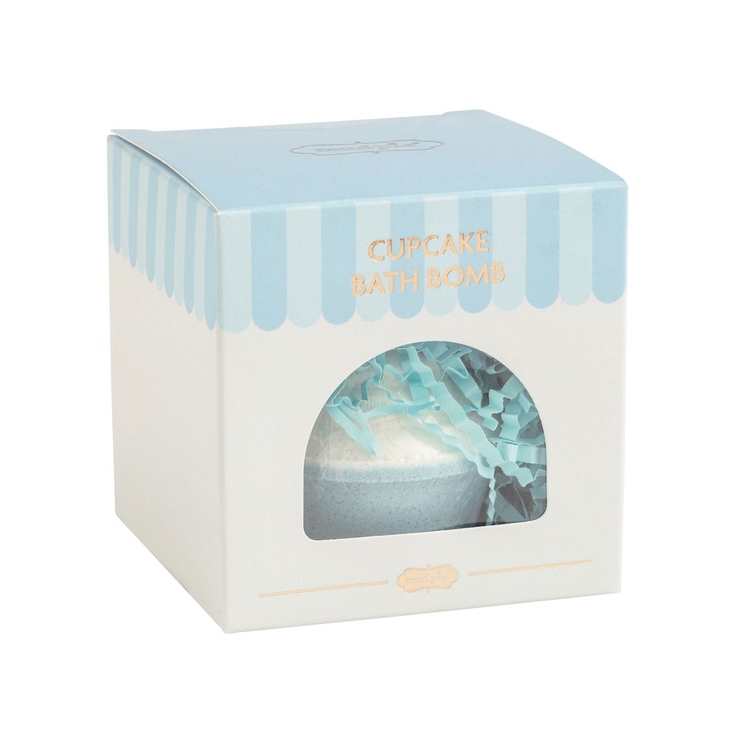 A cupcake-shaped bath bomb in its retail packaging, featuring a white box with light blue and white vertical stripes on the top, gold foil text reading 'CUPCAKE BATH BOMB,' and a clear window showing the pale blue bath bomb inside.