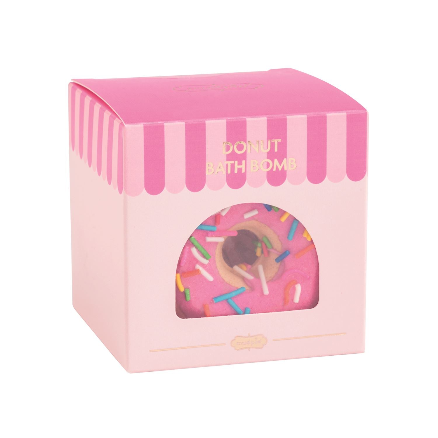 Pink striped box with a donut bath bomb with sprinkles nside 
