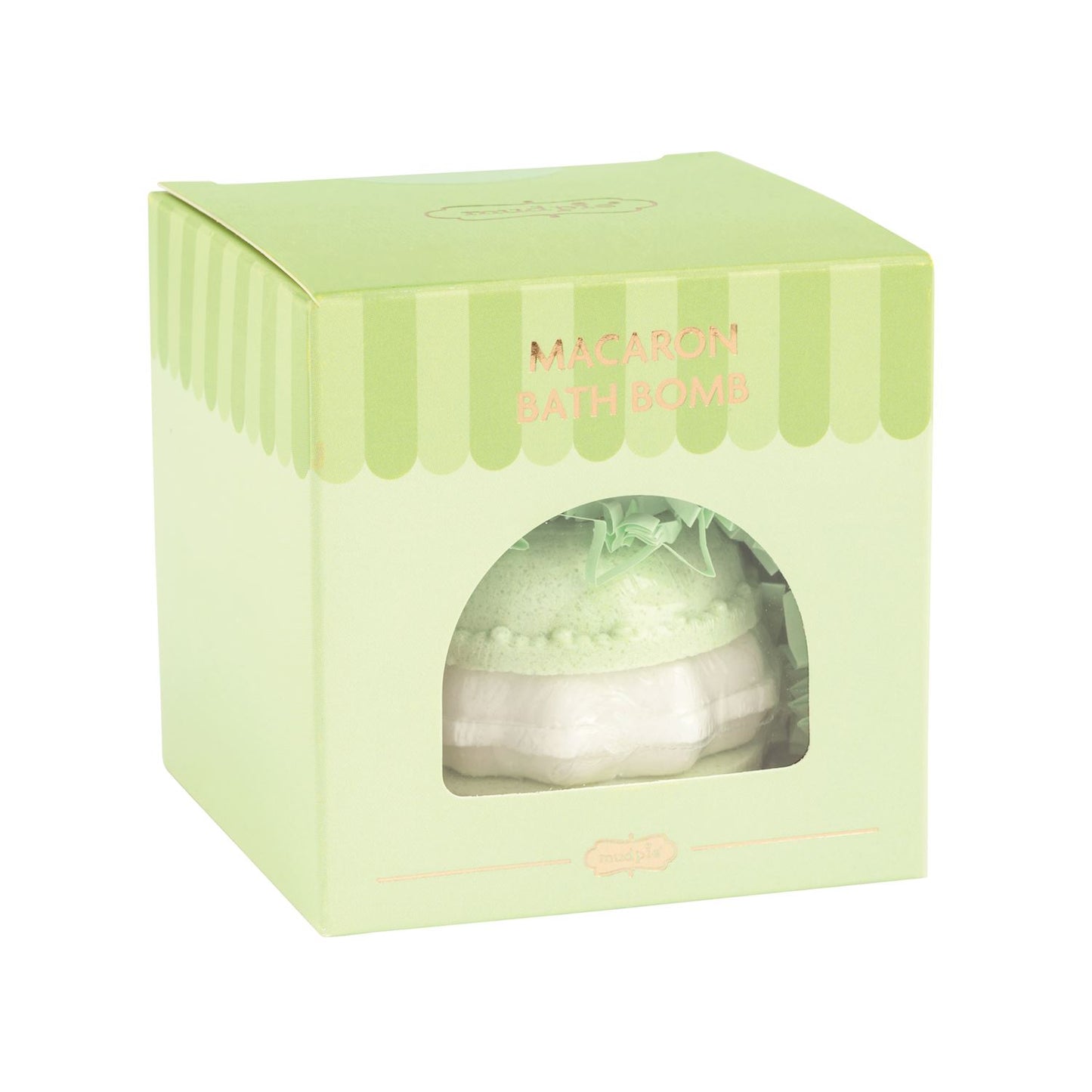 A light green and white macaron-shaped bath bomb, featuring a clear window on the front of the box and the words 'MACARON BATH BOMB' printed on the front.