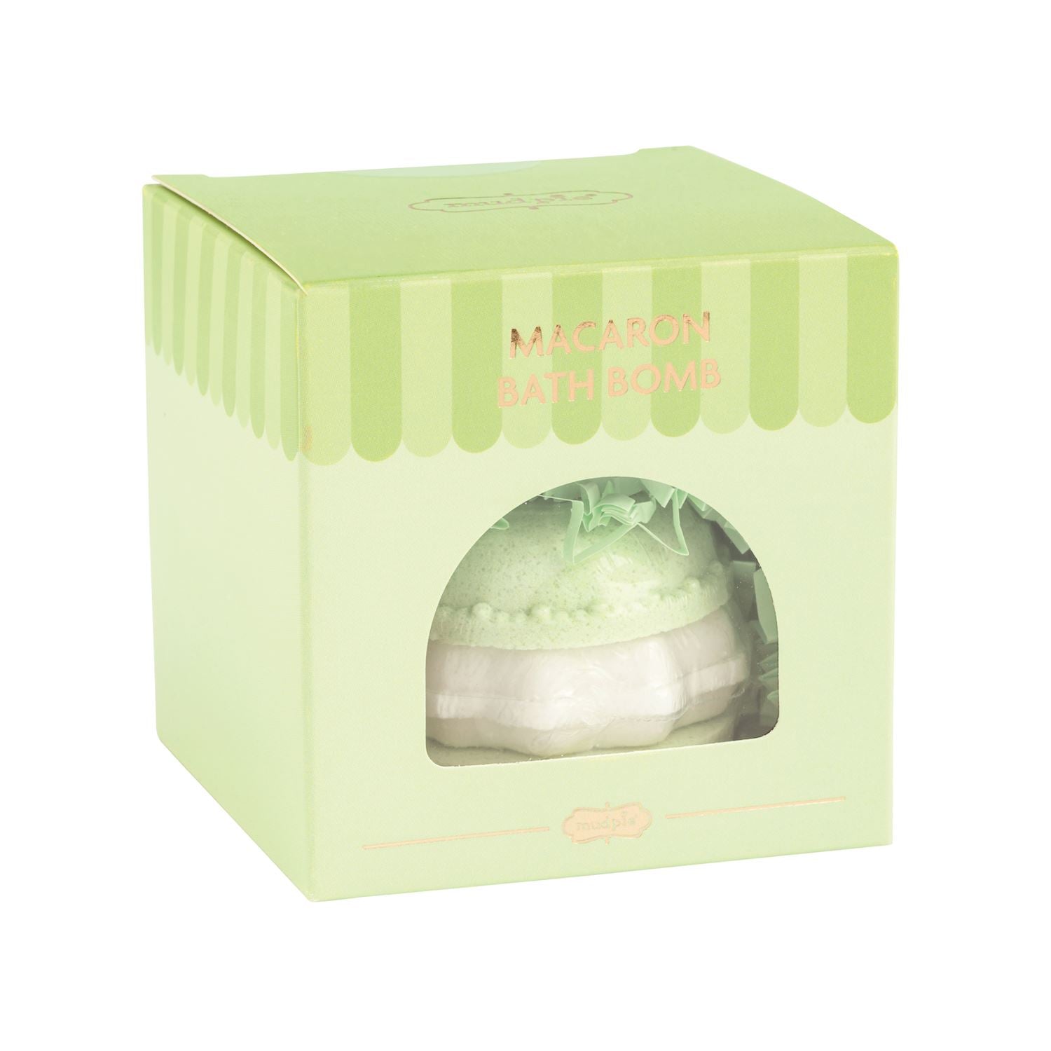 A light green and white macaron-shaped bath bomb, featuring a clear window on the front of the box and the words 'MACARON BATH BOMB' printed on the front.