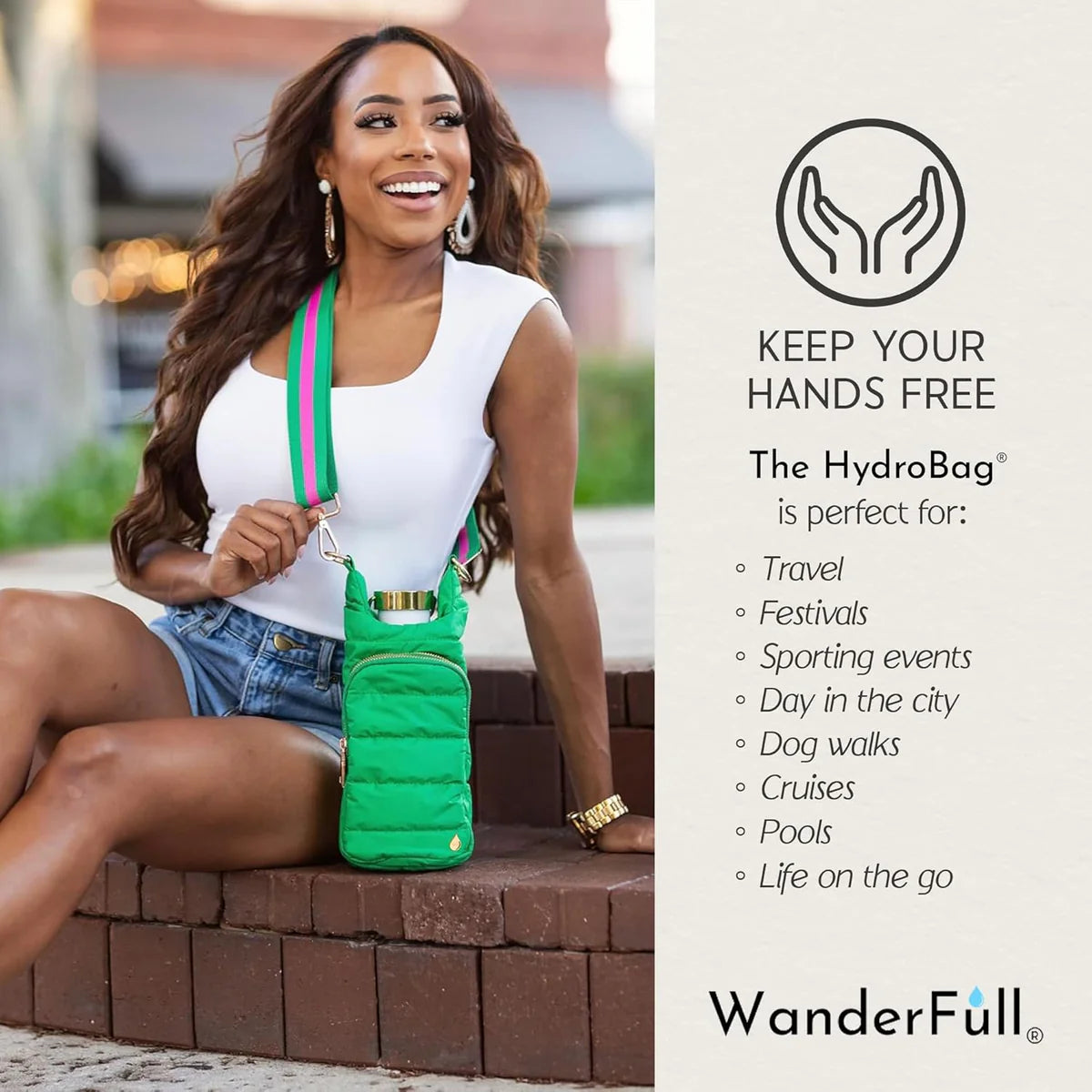 Woman holding a greenHydroBag with text about its uses and WanderFull branding.