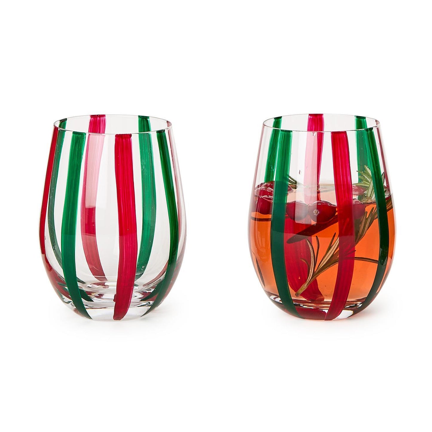 Holiday Cheer Red and Green Stripe Stemless Wine Glass