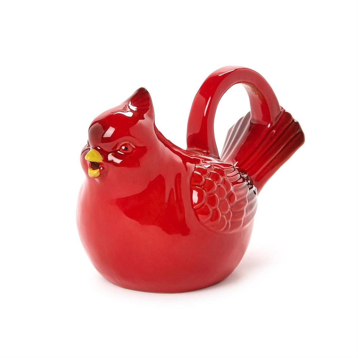 red ceramic cardinal pitcher with a yellow beak and a loop handle