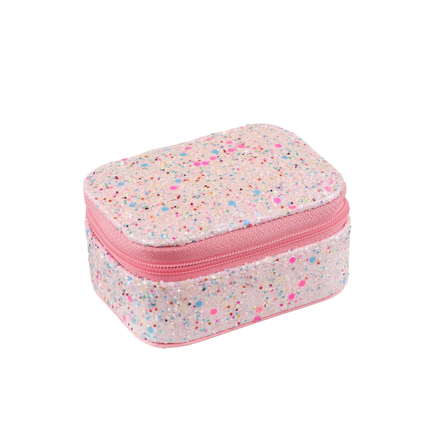 Small rectangular jewelry box in a speckled pattern with a pink zipper