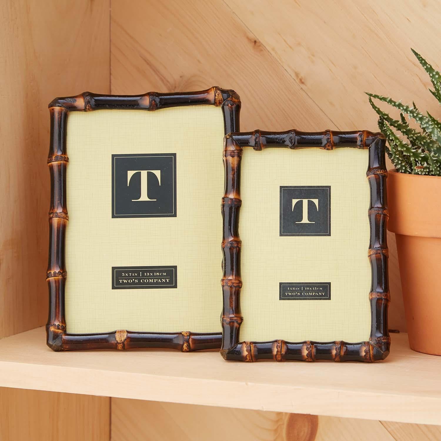Two bamboo-style picture frames on a shelf with a plant in the background.