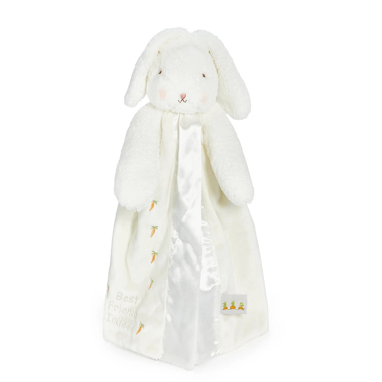 White plush bunny buddy blanket with a velour body and best friends indeed embroidered on the bottom