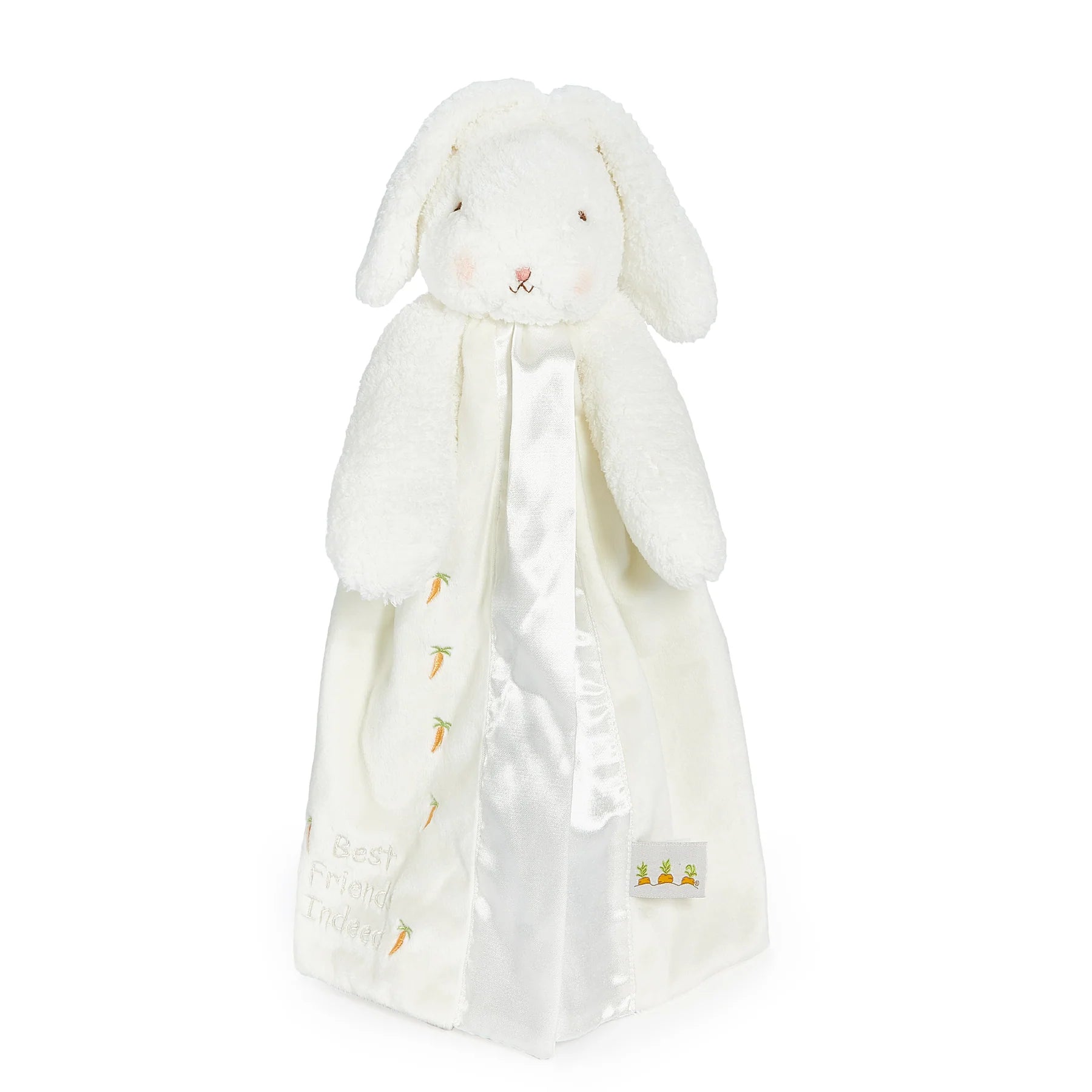 White plush bunny buddy blanket with a velour body and best friends indeed embroidered on the bottom