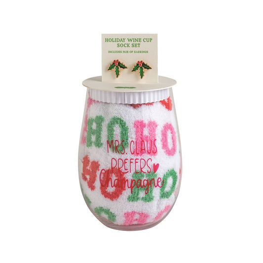 Mudpie Wine, Earrings and Sock Set Ho Ho Ho